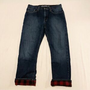 Eddie Bauer Flannel Lined Straight Leg Jeans Dark Wash 32x30 Red Buffalo Plaid